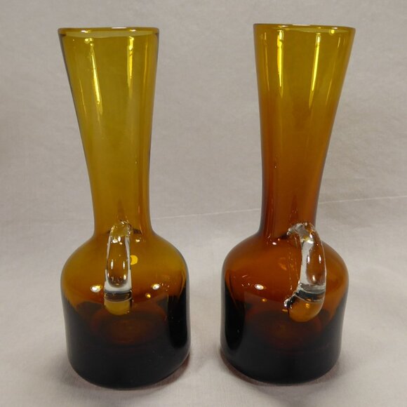 2 Vintage MCM Hand-Blown Amber Glass Miniature Pitchers Cruets Bud Vase Vases - Picture 2 of 8